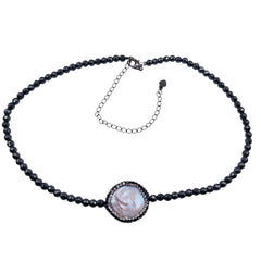 Beadorea Live: BL2 4mm Round Cut Hematite Necklace with Pearl Pendant Silver Clasps