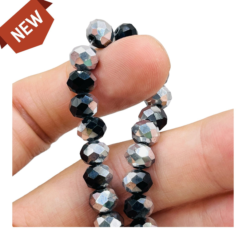 8mm Thunder Polish Glass Crystal Roundel Cut Black Silver