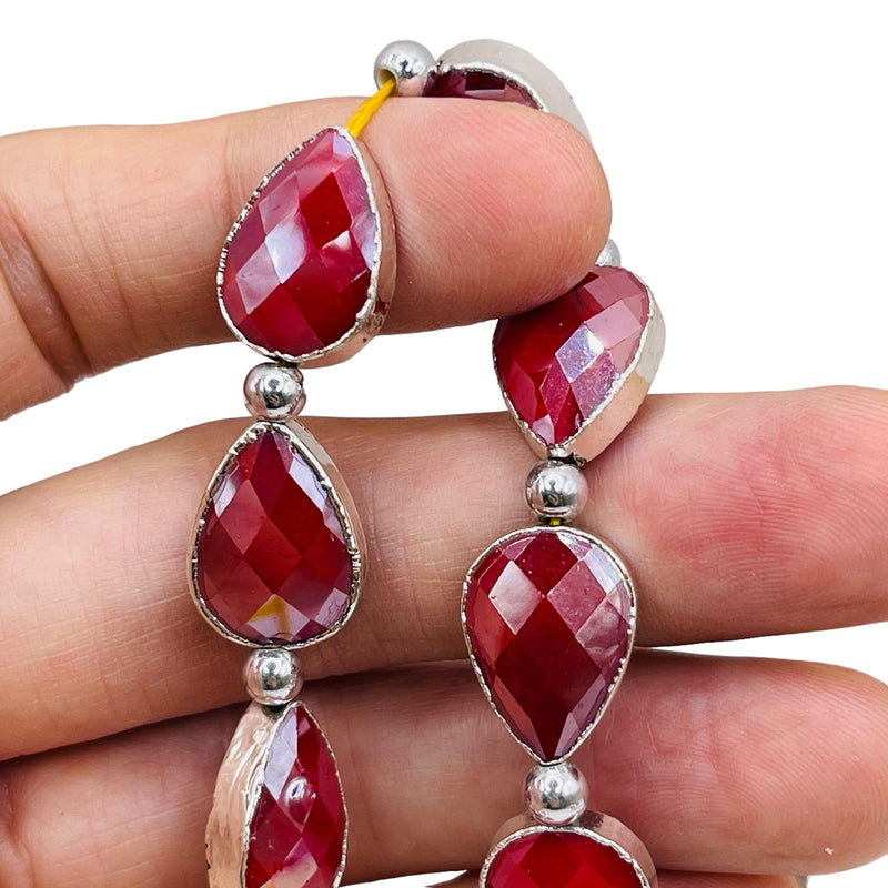 18x13mm Tear Drop Silver Edge Ruby Jade